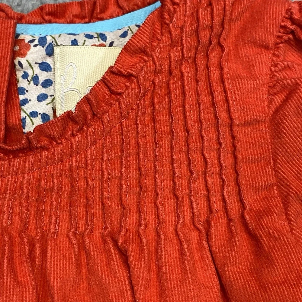 Mini Boden Dress 12-18 m Red Corduroy BabyWale Pintuck Short Sleeve Lined Ruffle